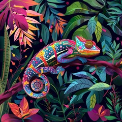 Wall Mural - abstract illustration of a colorful chameleon lying on a branch