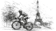 A Man Is Riding A Bicycle In Front Of The Eiffel Tower