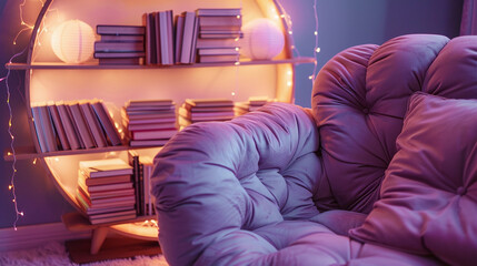 A snug nook with a lilac armchair, round bookshelf, and ambient lighting for reading.