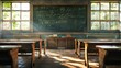 © VISUAL BACKGROUND - A classroom with wooden desks and a chalkboard.