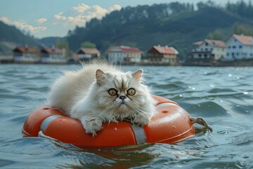 Poster - Persian cat sits on life preserver in water, houses in water