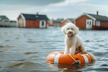 Canvas Print - poodle dog sits on life preserver in water, houses in water