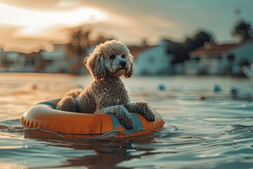 Canvas Print - poodle dog sits on life preserver in water, houses in water