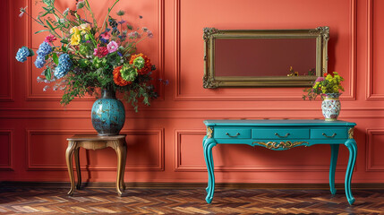 Sticker - Vibrant home office with coral walls, a vintage desk, walnut floors, and colorful flowers.