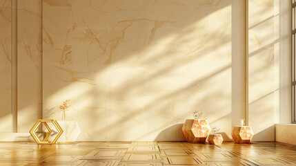 Sticker - Chic minimalist dwelling with light ivory walls, coral marble, and bamboo flooring.