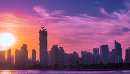 city skyline at sunset, sunset over the city, person in the city, Visualize a person's silhouette in front of a computer, with a vibrant cityscape or coding symbols projected onto the screen