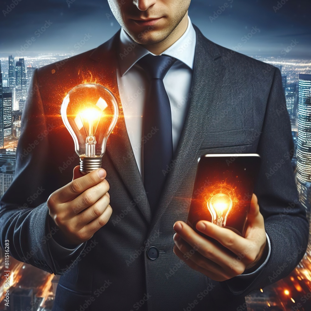 Young man in a dark business suit holding a burning light bulb as a ...