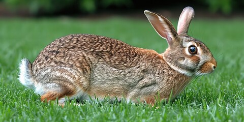 Wall Mural - Realistic Image of a Brown Rabbit in Lush Green Grass, Showcasing Natural Wildlife