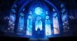 The blue light shines on the church window