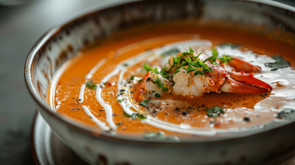 Wall Mural - An elegant bowl of creamy soup with a lobster tail garnished with herbs