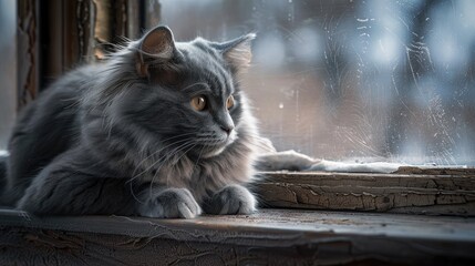 Wall Mural - Grey cat with a fluffy coat resting on the window ledge