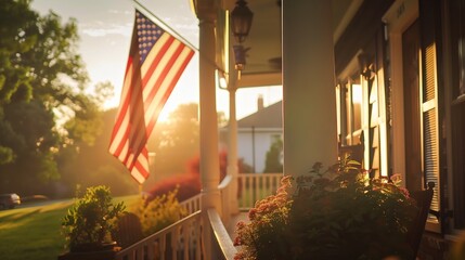 USA flag on corner of living house. Symbol of patriotism. Building with waving national american flag. 