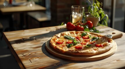 pizza on a round tray with drinks isolated on a detailed wooden table with complementary vegetables