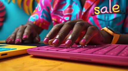 a men with some futuristic gadgets in bright colors like orange, pink and yellow