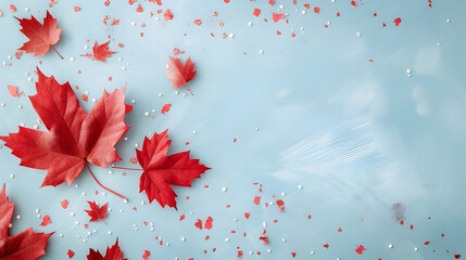 banner for canada day with place for text, red maple leaves on a light blue  background with copy space	