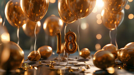 number eighteen made from golden balloons closeup with copy space