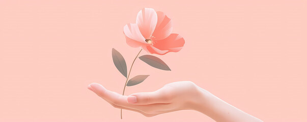 Canvas Print - hand holding flower in palm on pink background