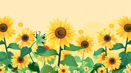 Wall Mural - illustration of sunflowers in various stages of blooming, including yellow and orange sunflowers, with a green leaf in the foreground