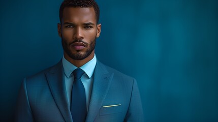 Wall Mural - Male fashion model - blue suit - blue background - close-up shot - intense stare - stylish composition 