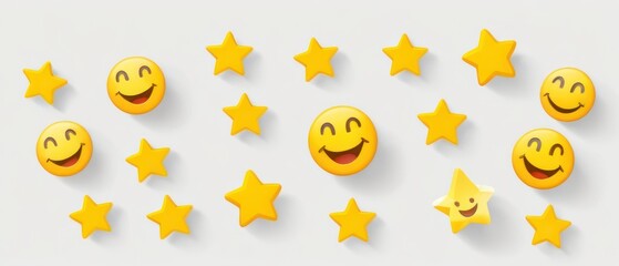 Smiley emoji surrounded by positive symbols, representing feedback rating and customer satisfaction.