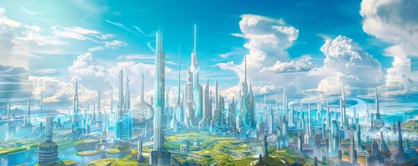 Wall Mural - concept illustration of the future with megapolis buildings and digital landscapes