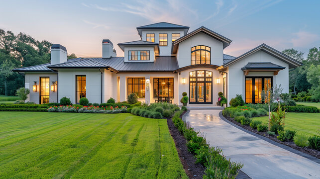 Modern farmhouse with a lush lawn and a circular driveway leading to a large front door