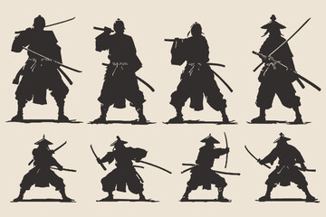 Set Of Silhouette Samurai With Katana