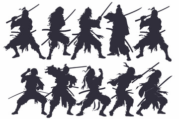 Wall Mural - Set Of Silhouette Samurai With Katana