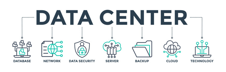 Data center banner web icon concept with icon of database, network, data security, server, backup, cloud, and technology. Vector illustration 