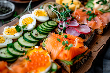 Wall Mural - a plate full of sandwiches with eggs, cucumbers and other things