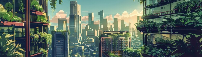 Wall Mural - digital illustration of a cityscape with giant vertical farms and sky gardens, featuring a tall building and a green building in the foreground