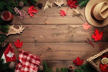 Wall Mural - Canada Day celebration with maple leaves, Canadian flag, and traditional foods on a rustic wooden background