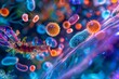 A brightly lit microscopic view of polluted air, showcasing a diverse array of microorganisms, including bacteria, viruses, and fungal spores, thriving in the polluted environment