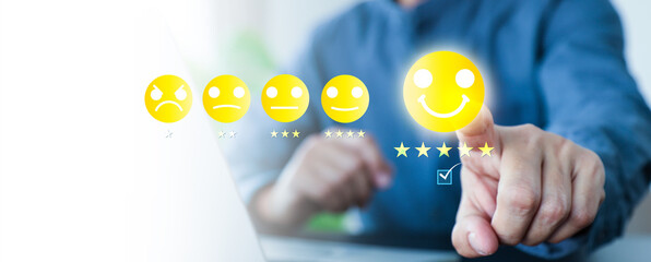 Poster - Hand touch smile face icon for best excellent customer service satisfaction survey feedback for business review rating and best service or finance digital marketing poll or user comment concepts.