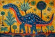 Traditional Bharni style Madhubani painting of a majestic Trex, set gracefully in a lush forest under a clear and bright sky