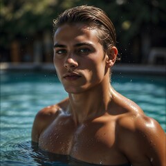 A portrait of a young person in pool in leisure, person in the pool, handsome guy in swimming pool, swimming pool, abs, beautiful guy, adult guy, healthy, hobbies, hobby, healthy lifestyle, lifestyle