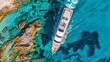a bird's eye view of a Luxury Yacht cruising through clear turquoise sea waters, surrounded by natural rock formations.