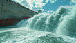 Dam Breach. A large volume of water is forcefully flowing through a breach in a dam, causing a powerful and dangerous surge.