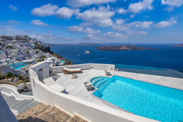 Wall Mural - Perfect view in Santorini with white architecture luxury infinity pool over cruise ships and blue sea. Luxury summer vacation and holiday concept. Amazing landscape caldera view
