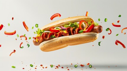 Poster - Hot dog with ingredient flying at white background. copy space for text.