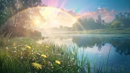 Wall Mural - Meadow Freshness in the Valley under Rainbow at Dawn