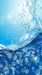 Wall Mural - Blue Background, Dynamic Water Wave and Bubbles