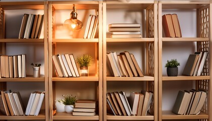 Wall Mural - a 3D image of a bookshelf with a warm and inviting atmosphere.