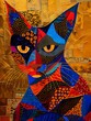 © VISUAL BACKGROUND - A painting of a cat with colorful patterns.