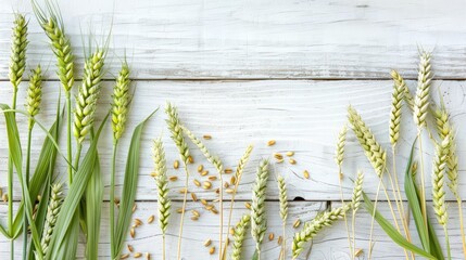 Wall Mural - Green wheat rye and oats ears on a weathered white wooden surface from above with room for text A nostalgic rural backdrop