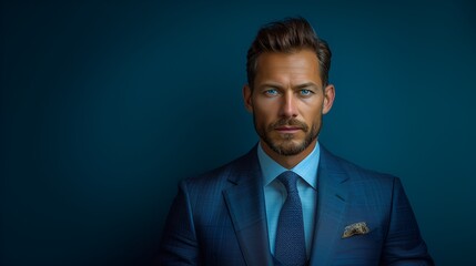 Wall Mural - Male fashion model - fashion shoot - wearing a high-end business suit - quirky charm - eccentric vibe - intense expression - magazine shoot - blue background 