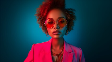Wall Mural - Female African American fashion model - fashion shoot - wearing a high-end business suit - quirky charm - eccentric vibe - intense expression - magazine shoot - blue background 