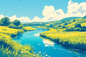 Summer river scenery illustration, Xiaoshu solar term outdoor travel concept illustration