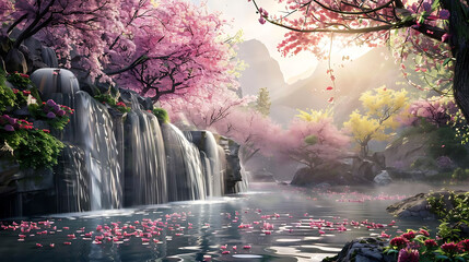 Wall Mural - beauty of water amidst spring landscape featuring pink and purple flowers, a tree, and a waterfall