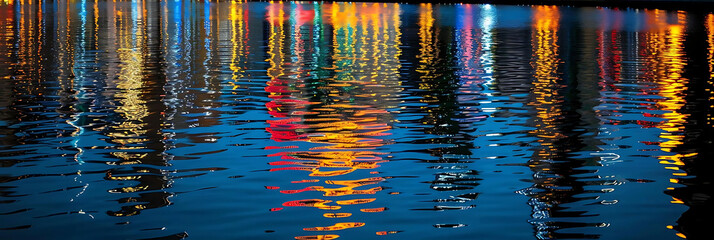 Wall Mural - cityscape reflections in the water a row of buildings, a bridge, and a tall building in the distance, set against a clear blue sky